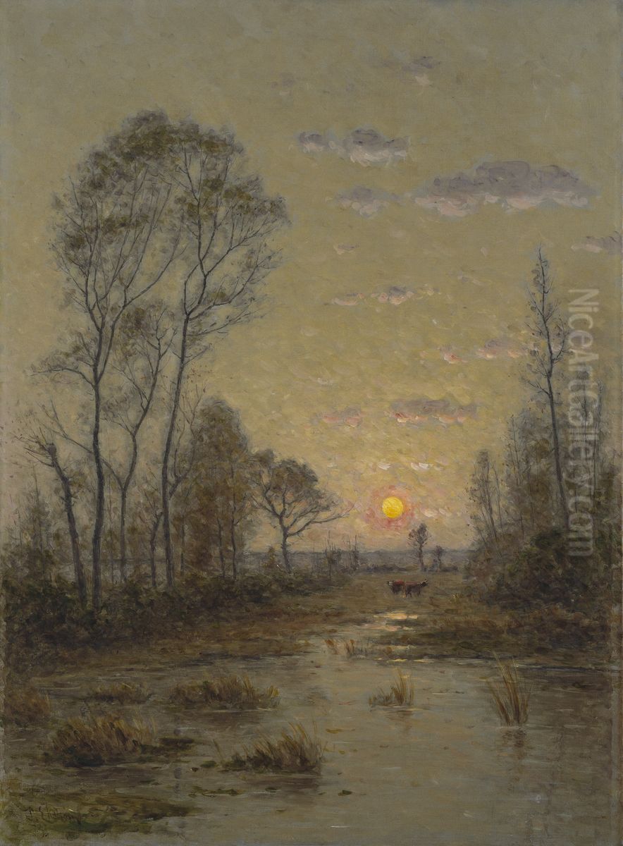 Tva kor i kvallslandskap Oil Painting by Per Ekstrom