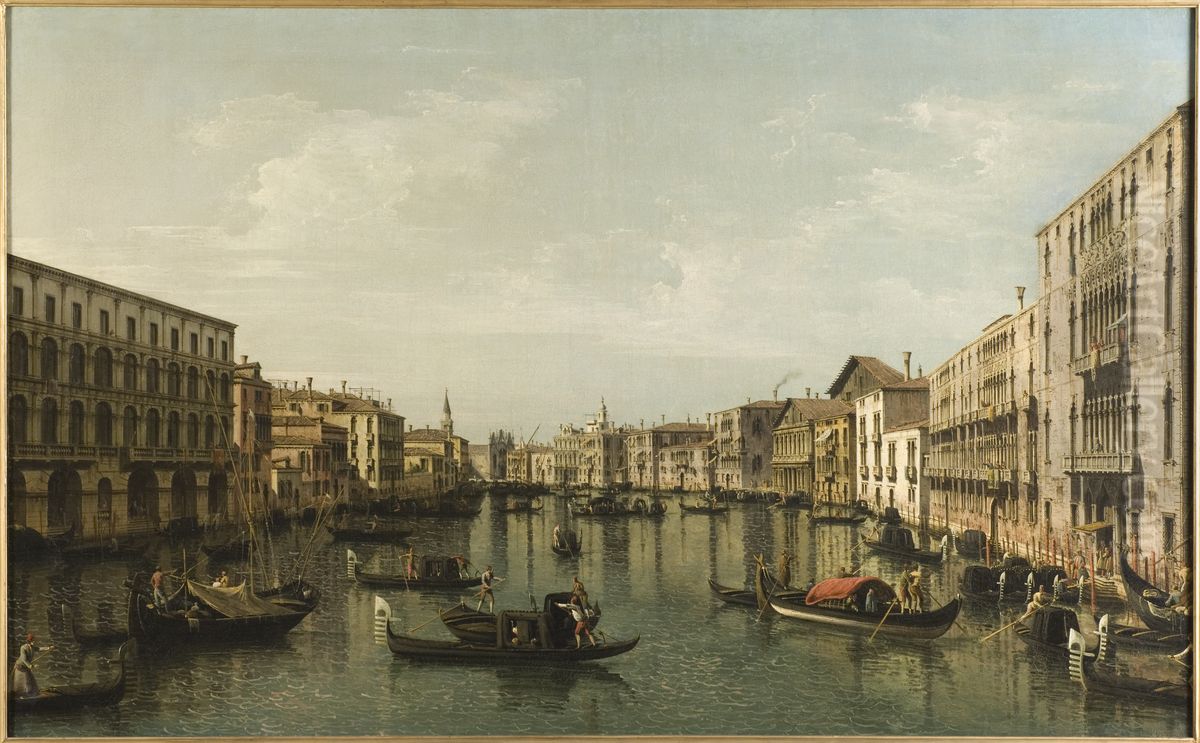 View of Grand Canal with the Palazzi Foscari and Moro Lin Oil Painting by Bernardo Bellotto