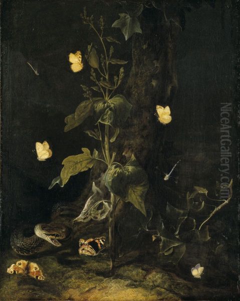 Serpent and Butterflies in the Woods Oil Painting by Otto Marseus van Schrieck