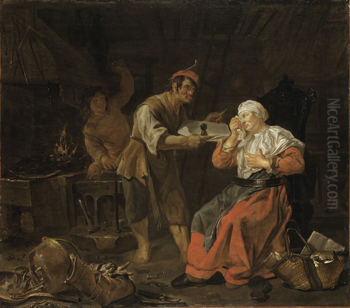 Weeping Woman in a Blacksmith's Shop Oil Painting by Gabriel Metsu