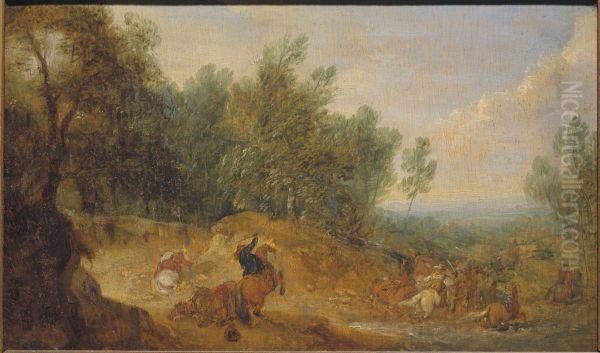 Riders attacked at a Ford Oil Painting by Adam Frans van der Meulen