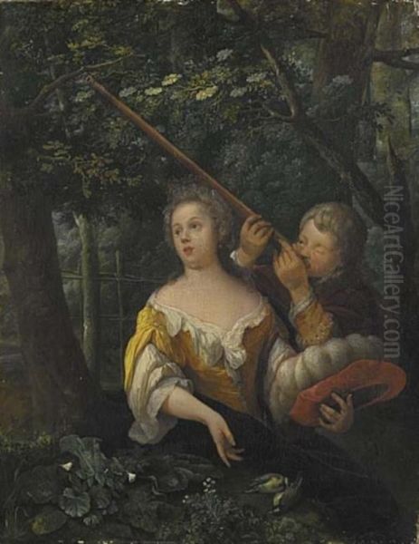 A Girl and a Boy Aiming at Birds with Pea-shooters Oil Painting by Eglon van der Neer