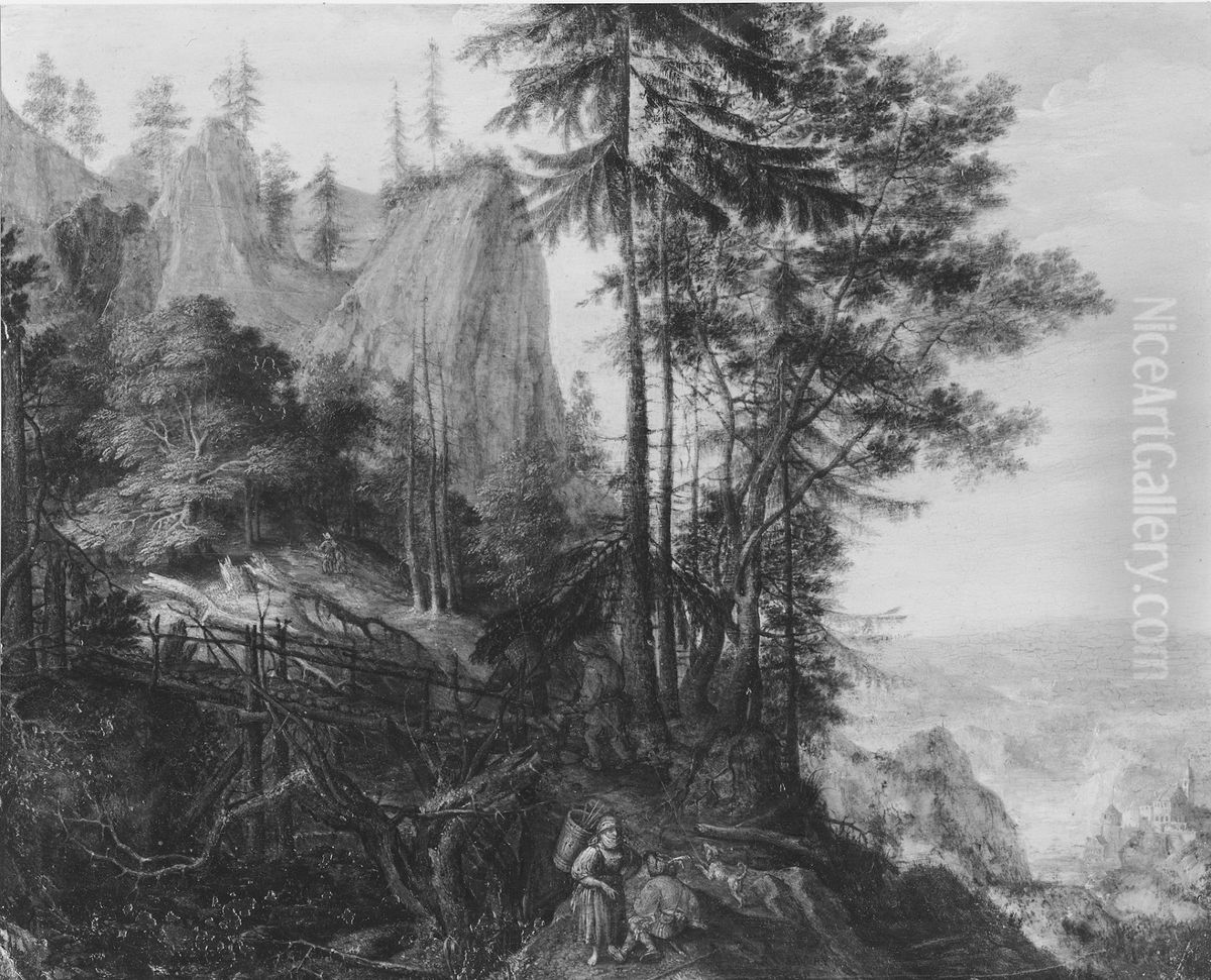 Berglandskap med figurer och bro Oil Painting by Roelant Savery