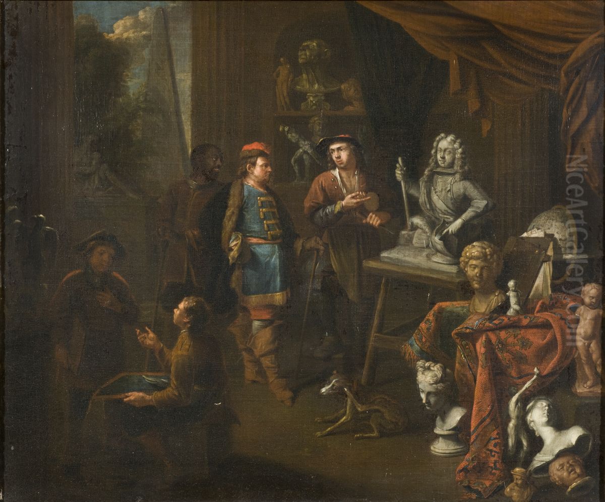 Visit in a Sculptor's Studio Oil Painting by Balthasar Van Den Bossche