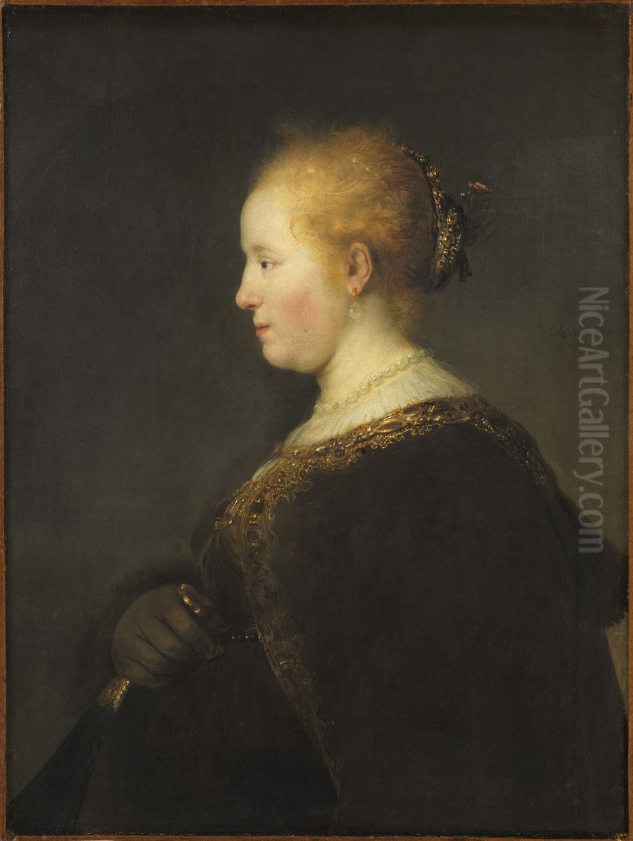 Ung kvinna i profil, med solfjader Oil Painting by Rembrandt