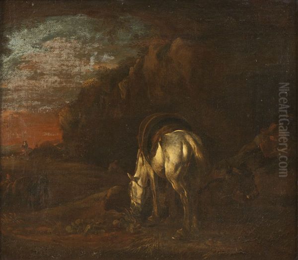 Landskap med betande vit hast Oil Painting by Michelangelo Cerquozzi