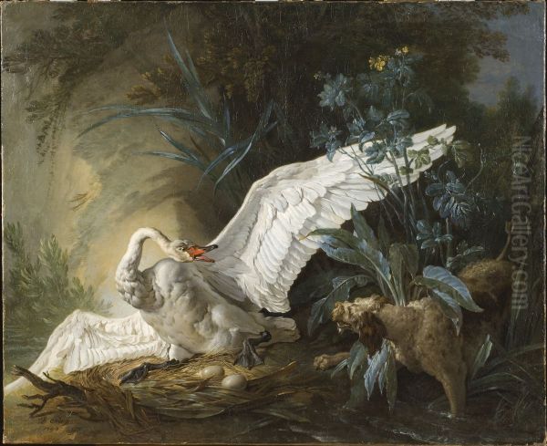Spaniel overraskande en svan i boet Oil Painting by Jean-Baptiste Oudry