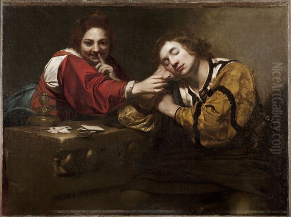 Sovande yngling som vacks av ung kvinna med eld Oil Painting by Nicolas Regnier