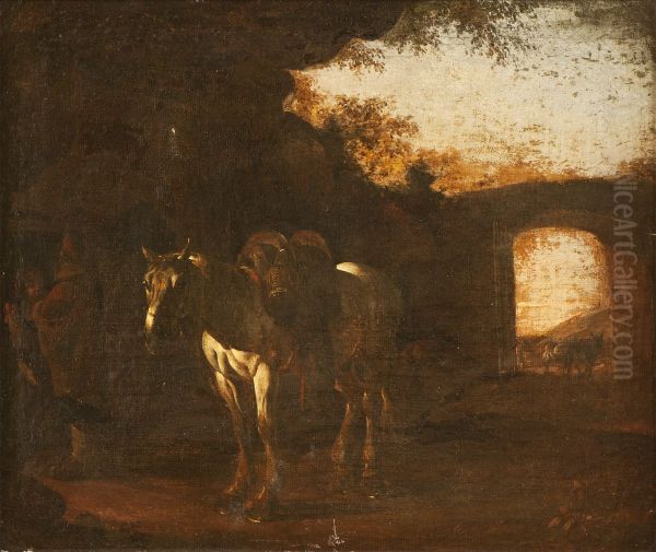 Landskap med ruiner och sadlad vit hast Oil Painting by Michelangelo Cerquozzi