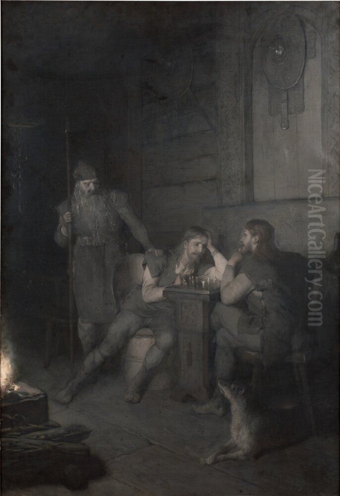 Frithiof spelar schack (ur Frithiofs saga) Oil Painting by August Malmstrom