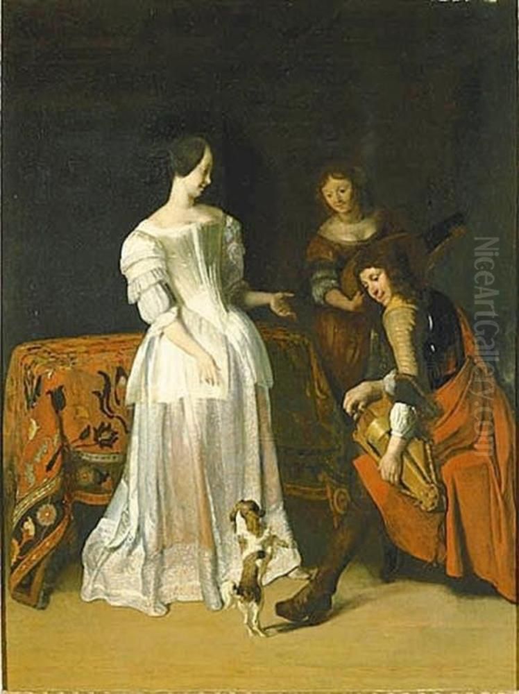 Sallskap med dansande hund Oil Painting by Jacob Ochtervelt