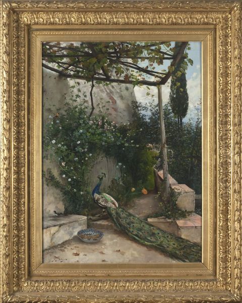 Terrass i Alhambra med pafagel Oil Painting by Hugo Birger