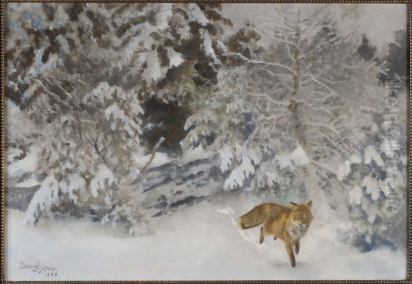Fox in Winter Landscape Oil Painting by Bruno Liljefors