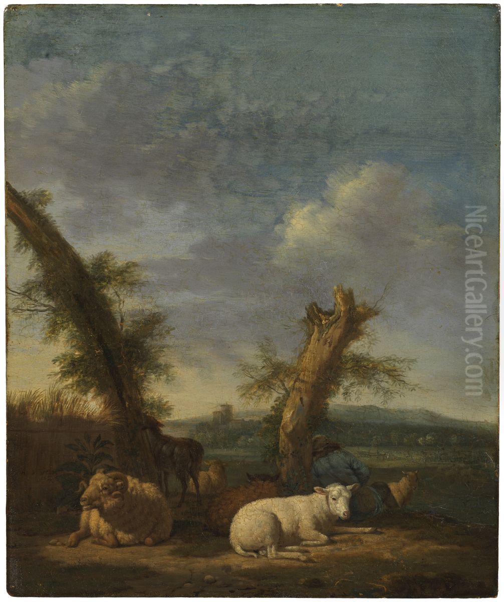 Landscape with Sheep and a Sleeping Shepherd Oil Painting by Adriaen Van De Velde