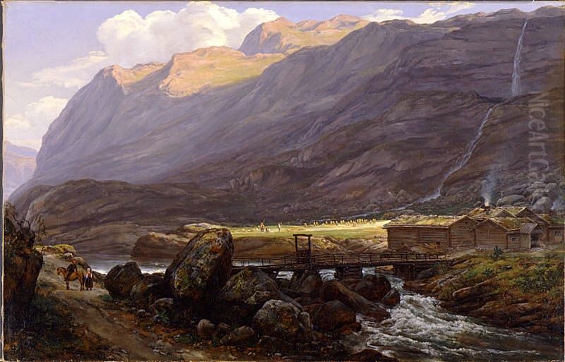 A Farm in Laerdal Oil Painting by Johan Wilhelm Ludwig Dahl