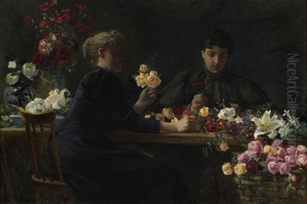 Damer vid ett blomsterbord Oil Painting by Wilhelm Peters