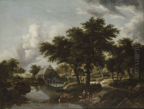 Wooded Landscape with a Watermill Oil Painting by Meindert Hobbema