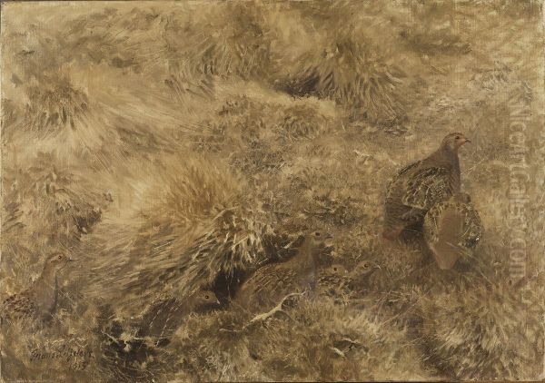Autumn Landscape with Partridges Oil Painting by Bruno Liljefors