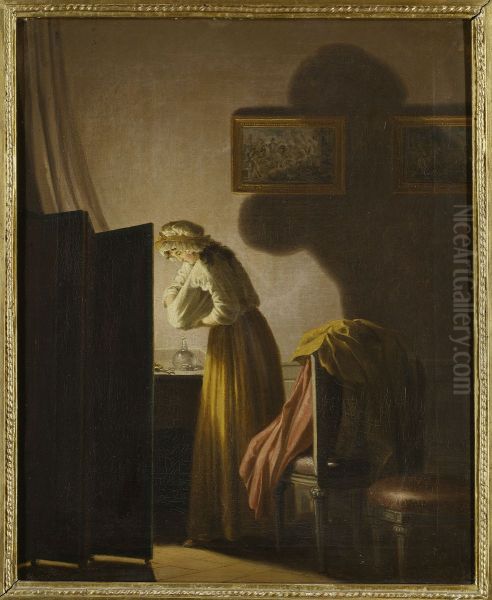 A Woman Picking Fleas by Candlelight Oil Painting by Pehr Hillestrom