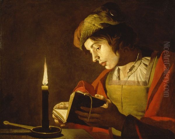 Ung man lasande vid vaxljus Oil Painting by Matthias Stom