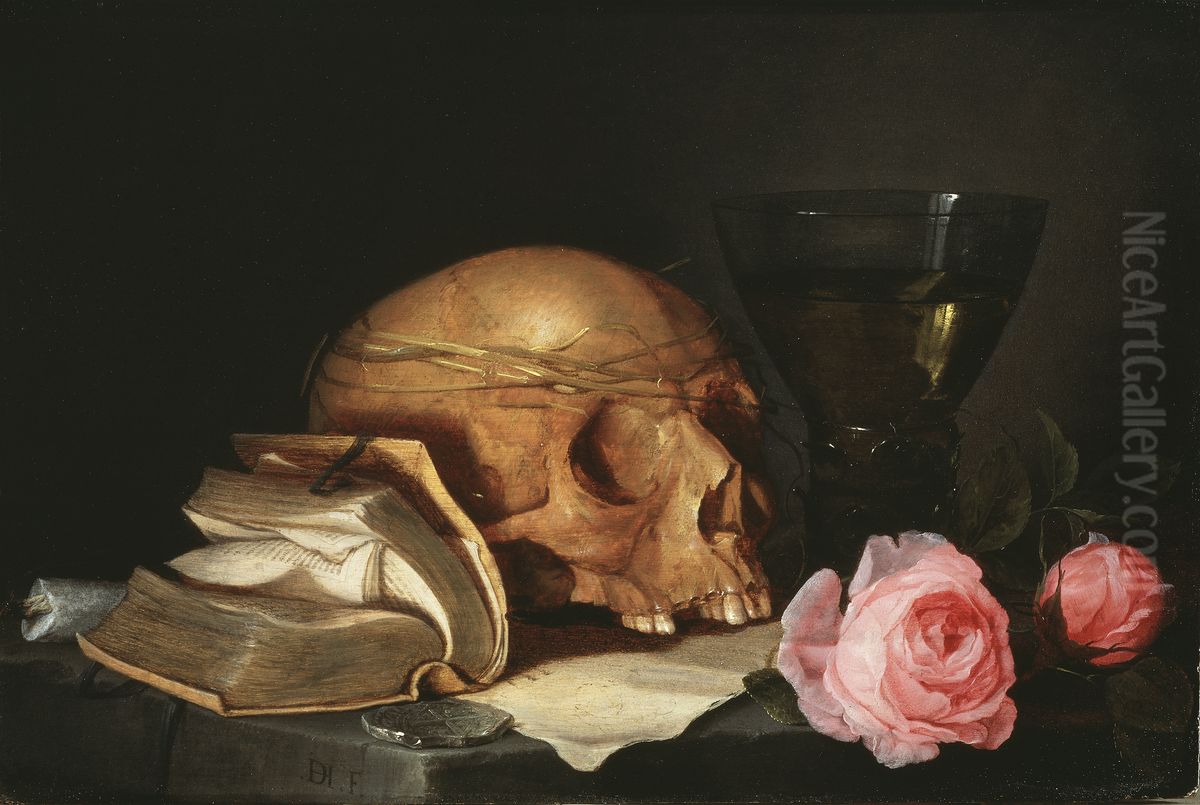 Vanitasstilleben med dodsskalle, bok och rosor Oil Painting by Jan Davidsz. De Heem
