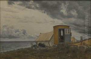 Strandparti med konstnarens vagn och talt pa Eno
