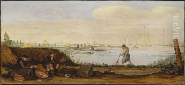 Flodlandskap med batar och fiskare Oil Painting by Arent Arentsz
