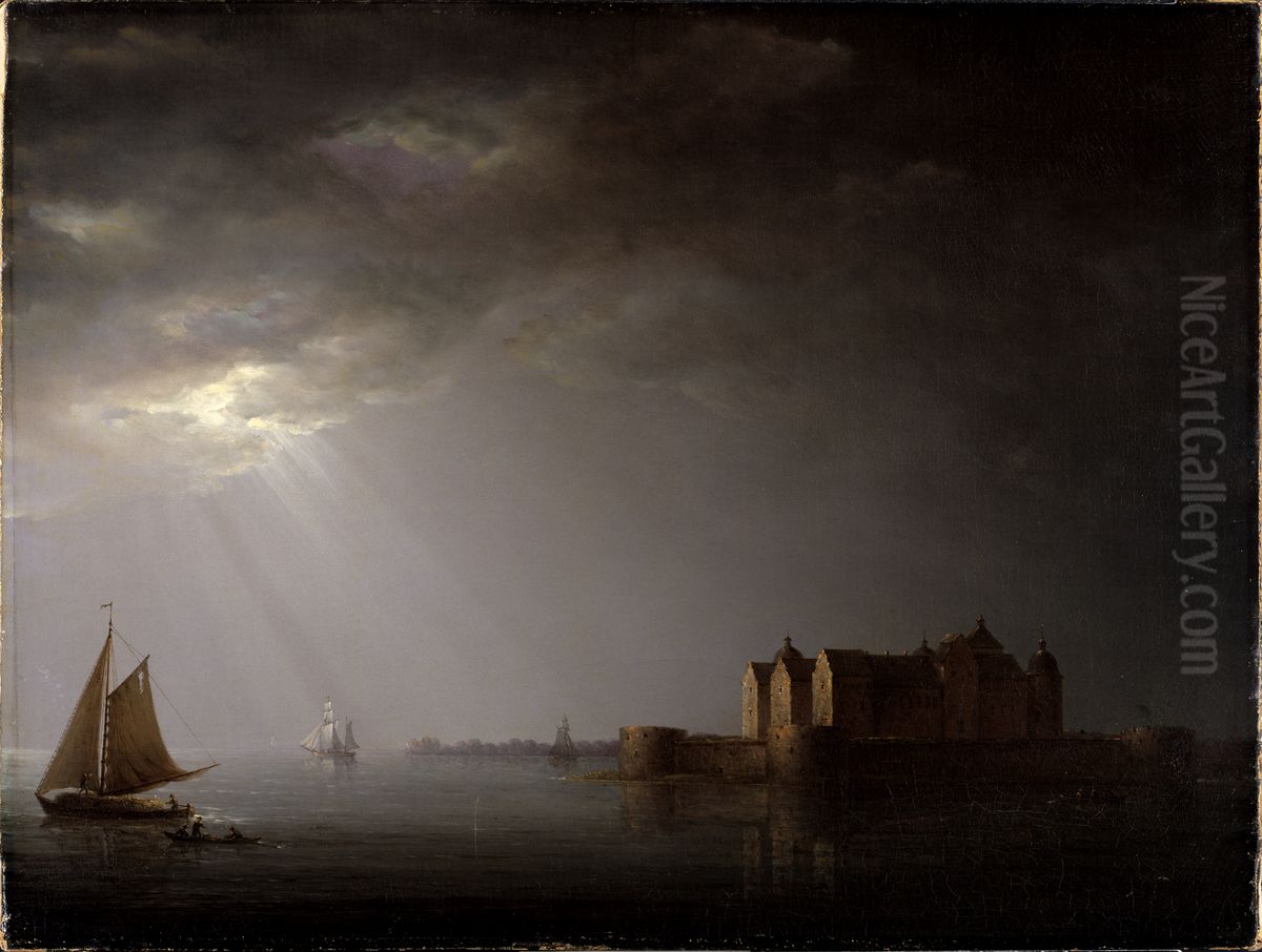 Kalmar Castle by Moonlight Oil Painting by Carl Johan Fahlcrantz