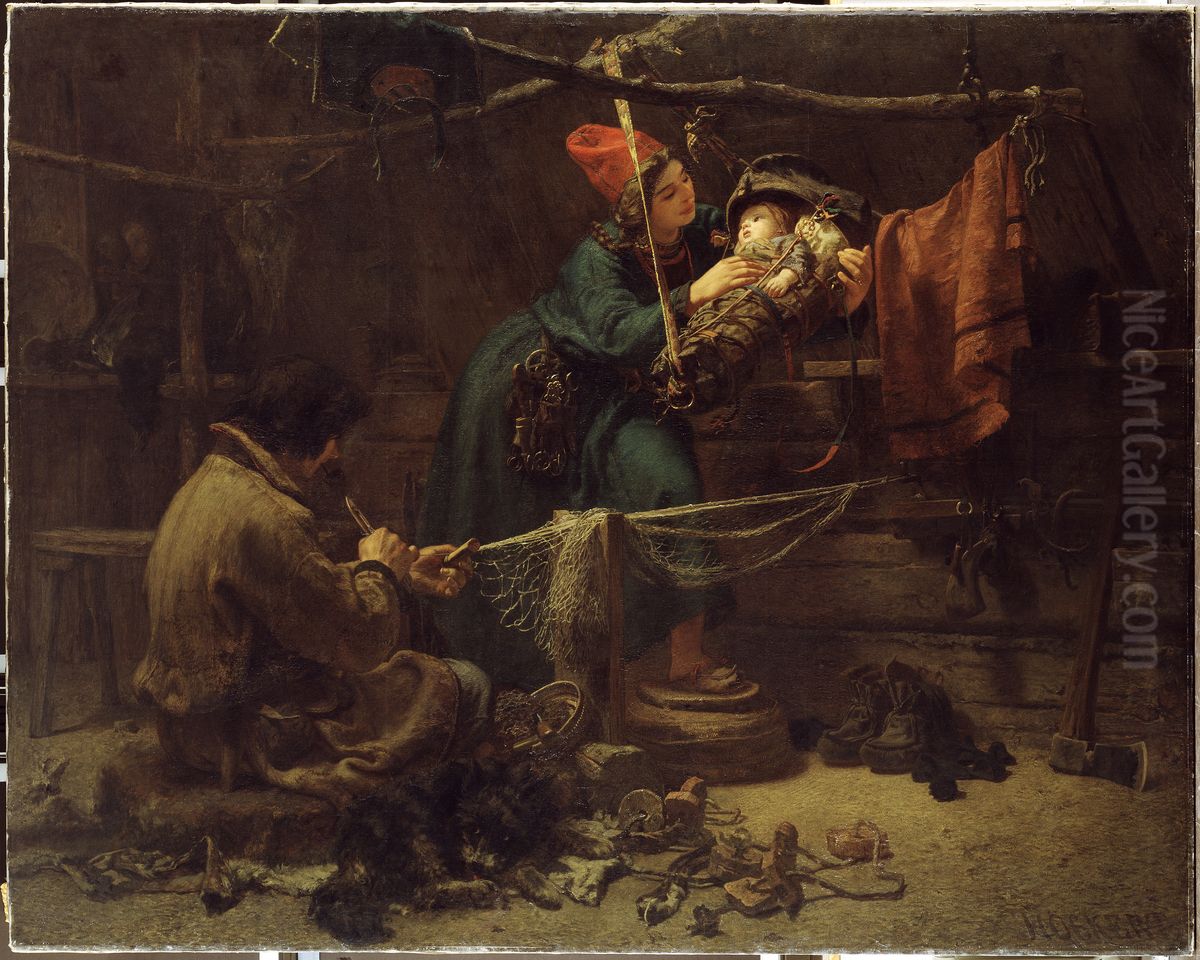 Inside a fisher cottage in Lapland Oil Painting by Johan Fredrik Hockert