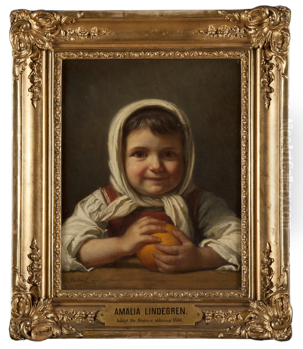 Flicka med apelsin Oil Painting by Amalia Lindegren