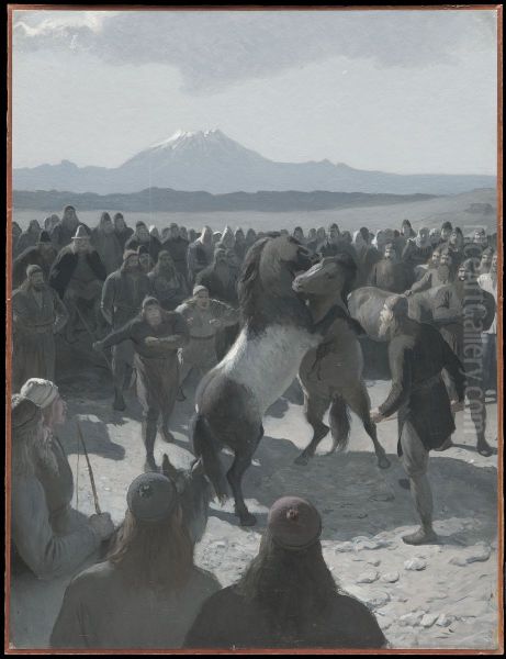 /The Horse-Fight at Hlidarendi. Illustration for Njal's Saga, ch. 59 Oil Painting by August Malmstrom