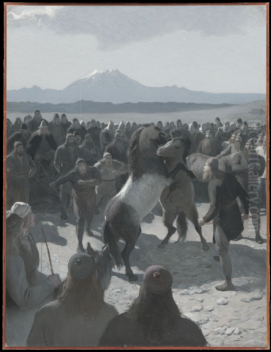 Hingsthetsningen pa Lidarande. Illustration till Njals saga, kap. 59 Oil Painting by August Malmstrom