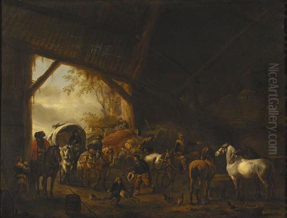 Wagons in a Barn Oil Painting by Philips Wouwerman