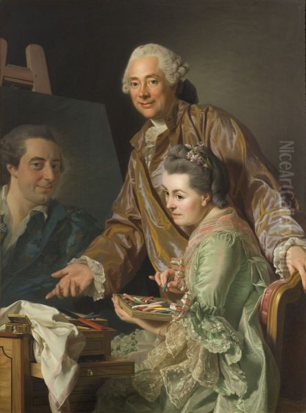 Sjalvportratt med hustrun Marie Suzanne Giroust malande Henrik Wilhelm Peills portratt Oil Painting by Alexander Roslin