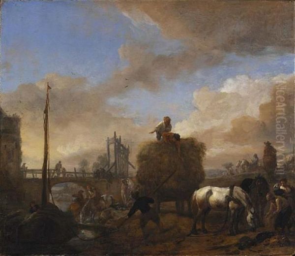 Hay Wagon near a River Oil Painting by Philips Wouwerman
