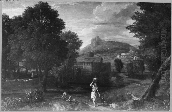 Landskap med kvinna barande ett krus Oil Painting by Jan Frans van Bloemen