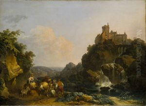 Landscape with Waterfall, Castle and Peasants