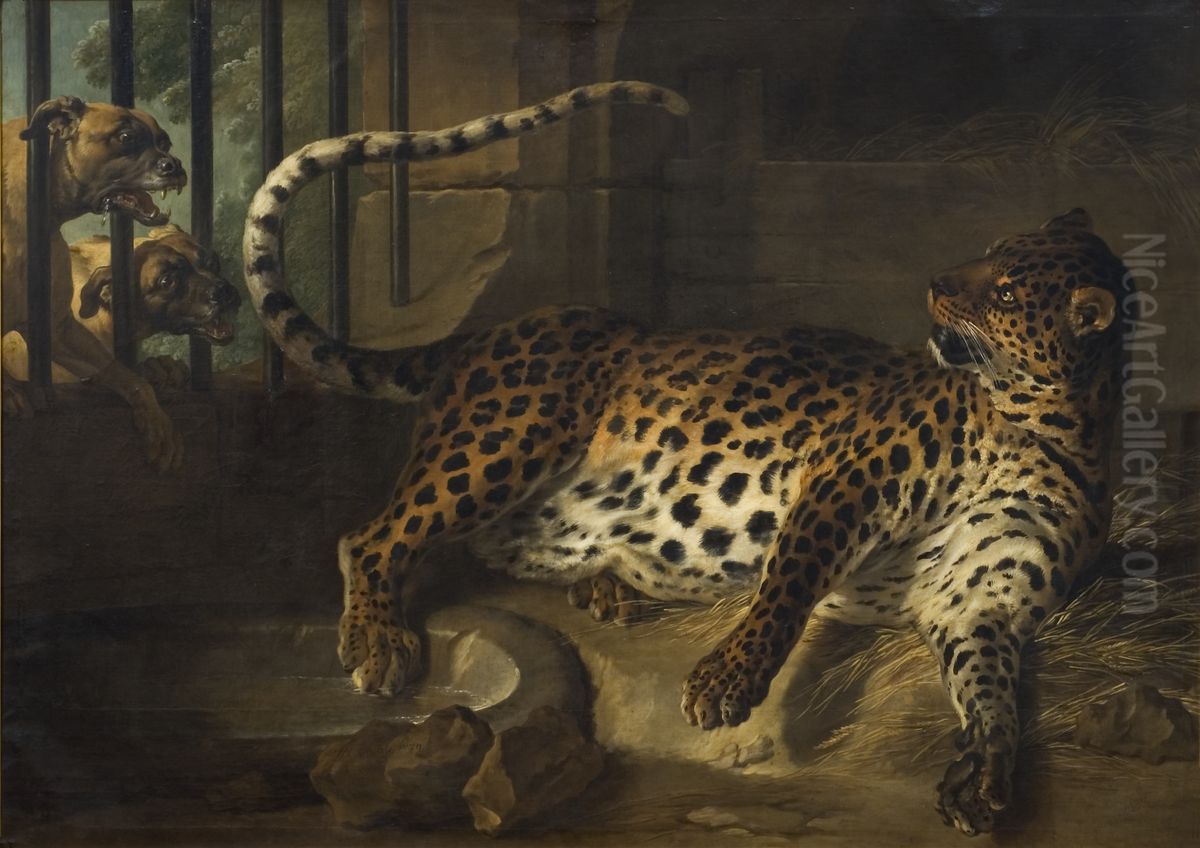 Leopard in a Cage confronted by two Mastiffs Oil Painting by Jean-Baptiste Oudry