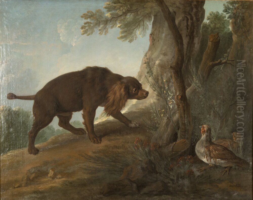 Spaniel Pointing Partridge Oil Painting by Jean-Baptiste Oudry