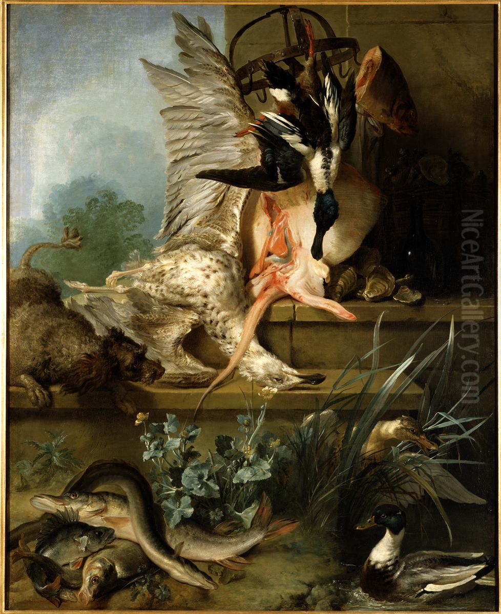 Stilleben med spaniel som jagar ander (