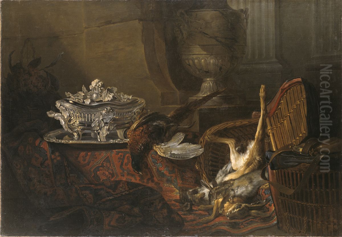 Stilleben med villebrad och silverterrin pa turkisk matta Oil Painting by Jean-Baptiste Oudry