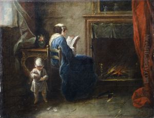 Lasande kvinna vid en oppen spis