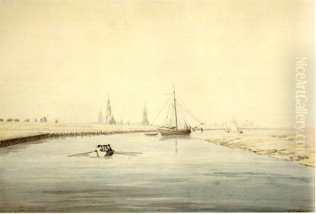 Blick auf Greifswald von Osten (Hafeneinfahrt nach Greifswald mit Stadtsiluette und Muhlen) Oil Painting by Caspar David Friedrich