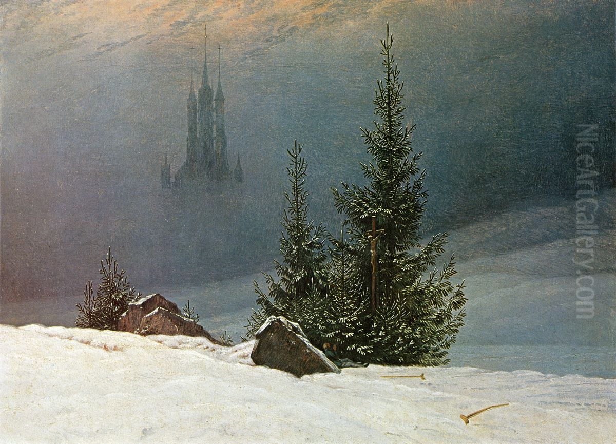 Winter Landscape with a Church Oil Painting by Caspar David Friedrich