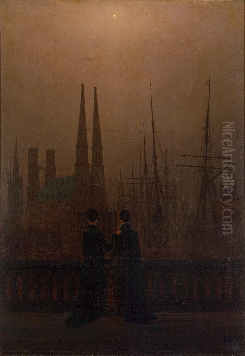 The Sisters on the Balcony / Night in a Harbour Oil Painting by Caspar David Friedrich