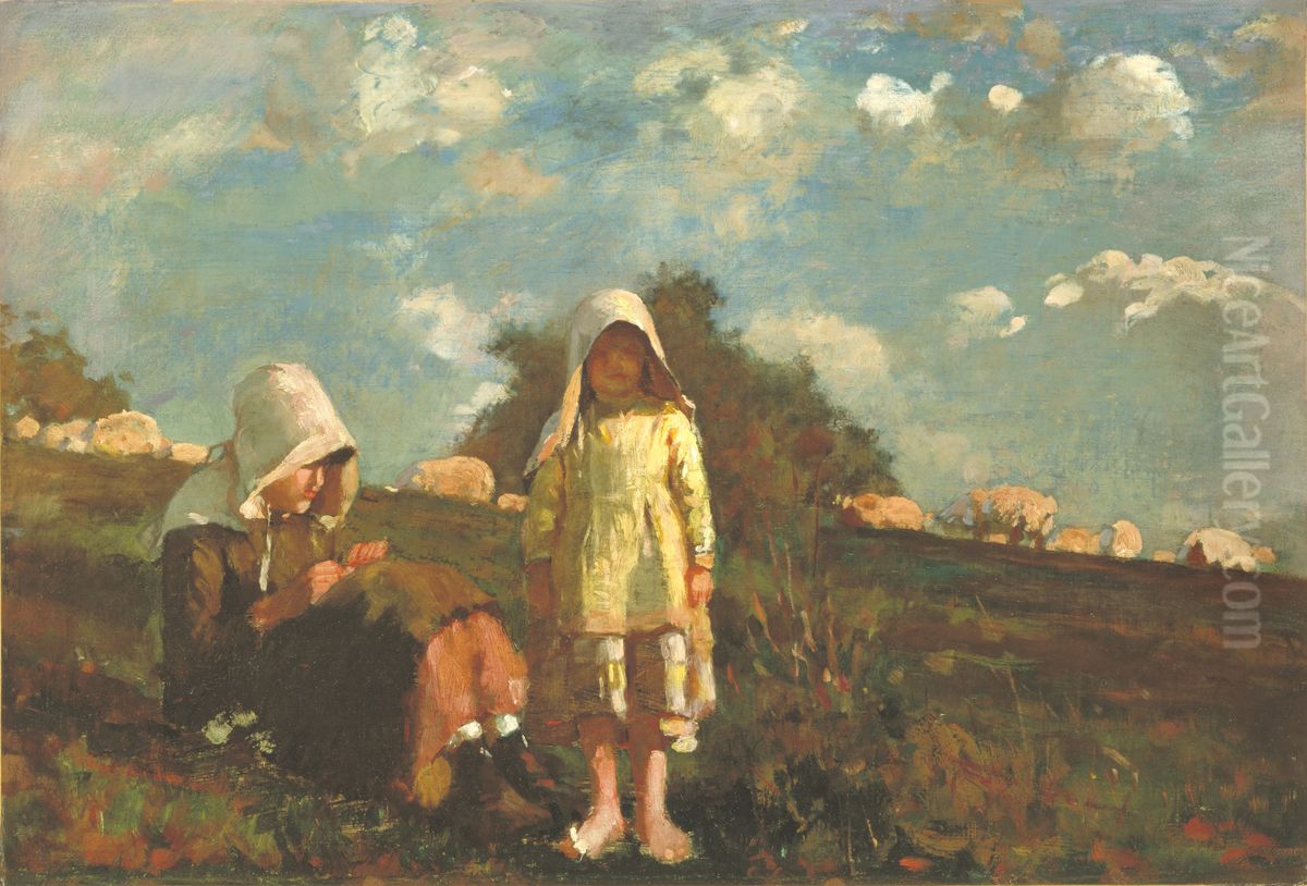 Two Girls with Sunbonnets in a Field Oil Painting by Winslow Homer