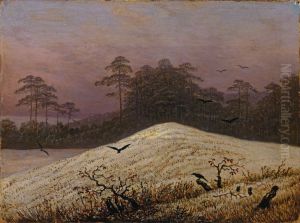 Snow Covered Hill with Ravens