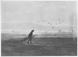 Autumn landscape with a man gathering wood