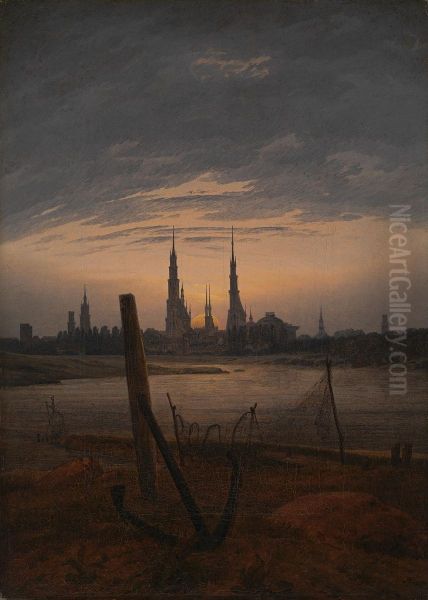 City at Moonrise Oil Painting by Caspar David Friedrich