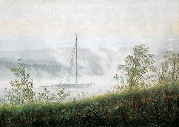 Riverside in fog / Elbe ship in the early morning fog Oil Painting by Caspar David Friedrich